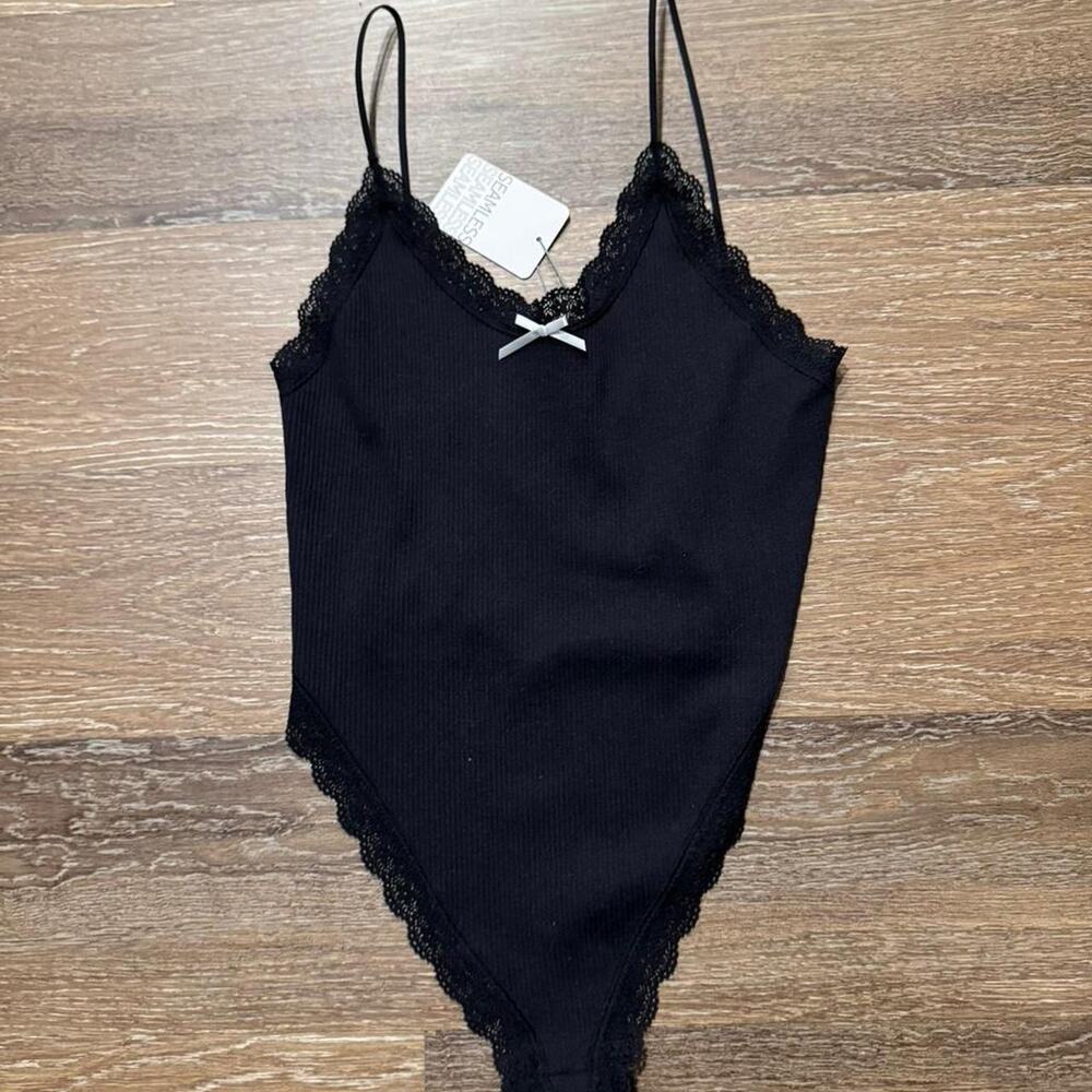 Black lace bodysuit with bow